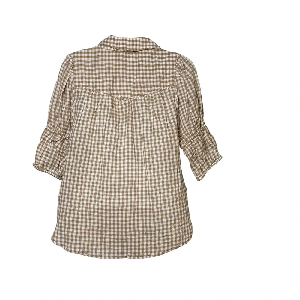Anthropologie Tan Gingham Cotton Puff Sleeve Henley Top Boho Blouse small